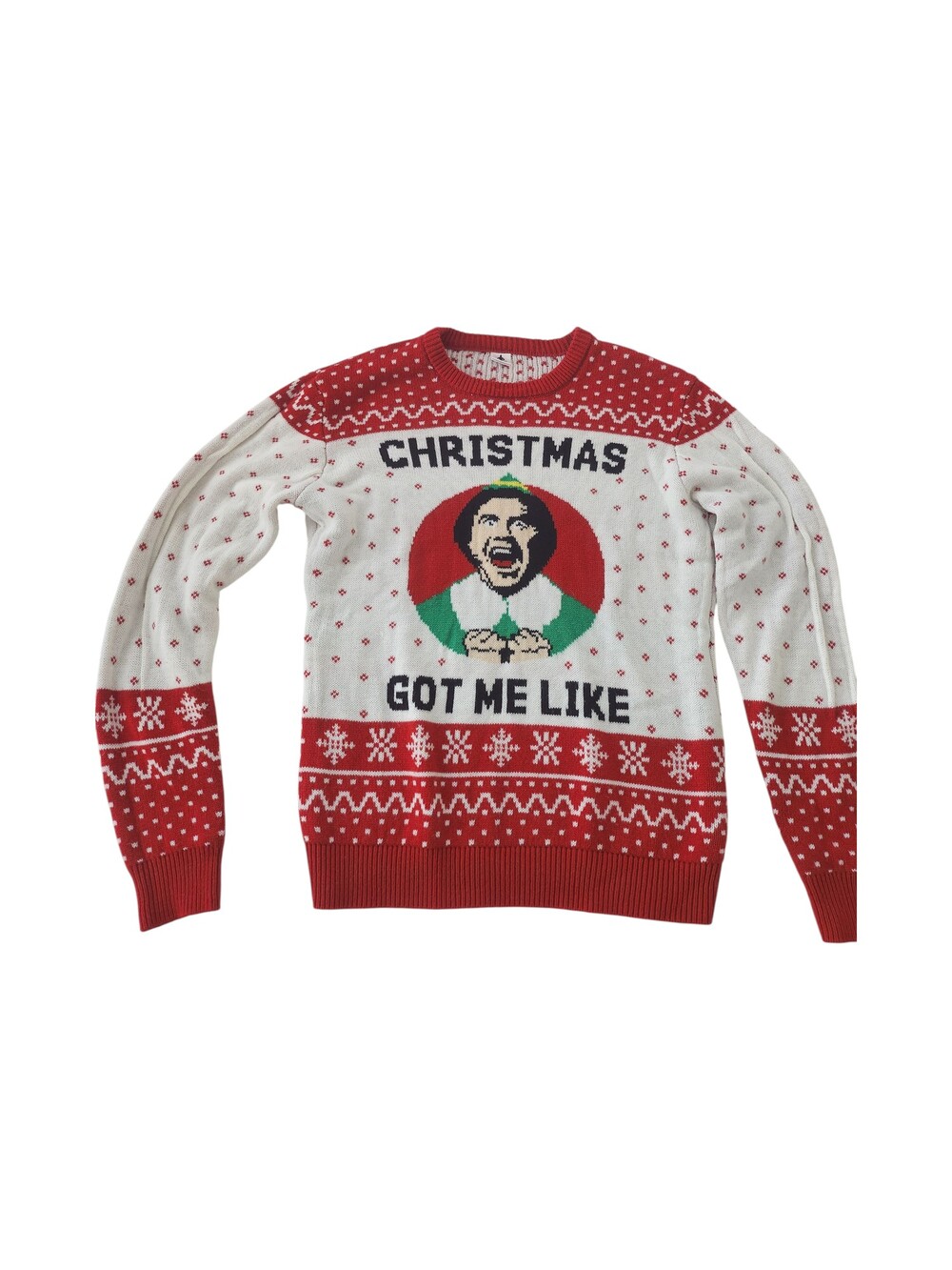 elf Christmas Snowflake Sweater Medium Red White 100% Acrylic